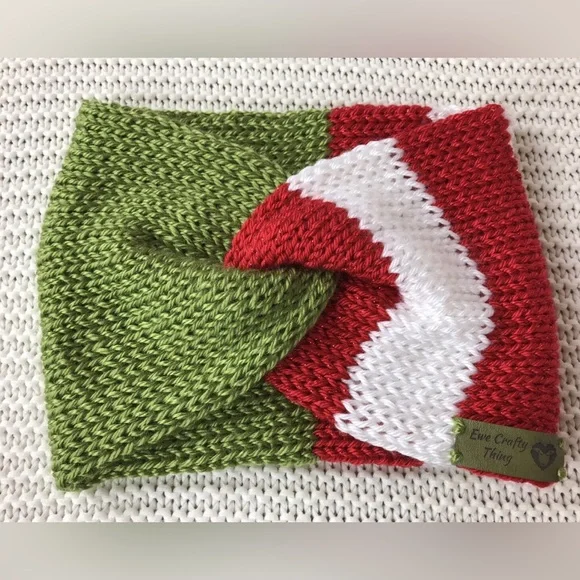 Festive Green and Red Knitted Sparkle Headband, Ear-warmer, Handmade, New - Picture 7 of 7